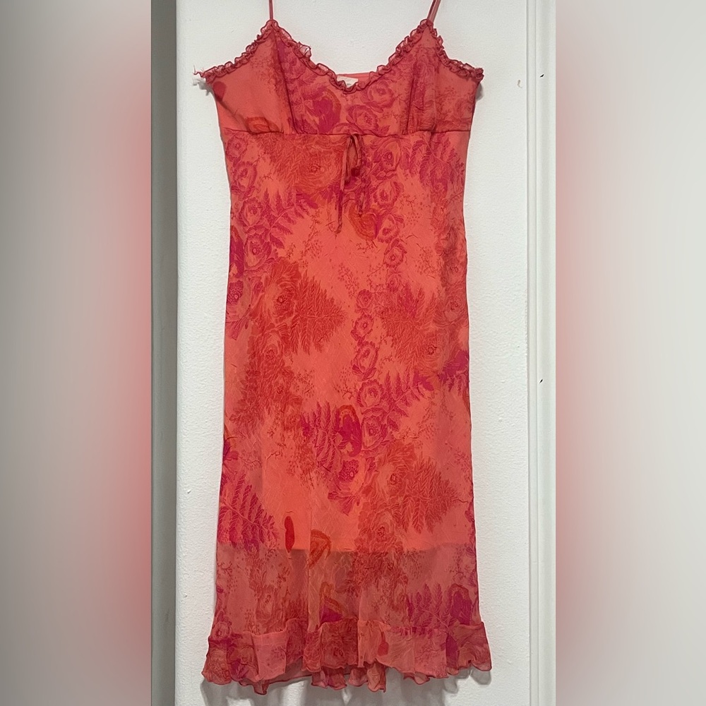 La Belle Coral and Burgundy Dress